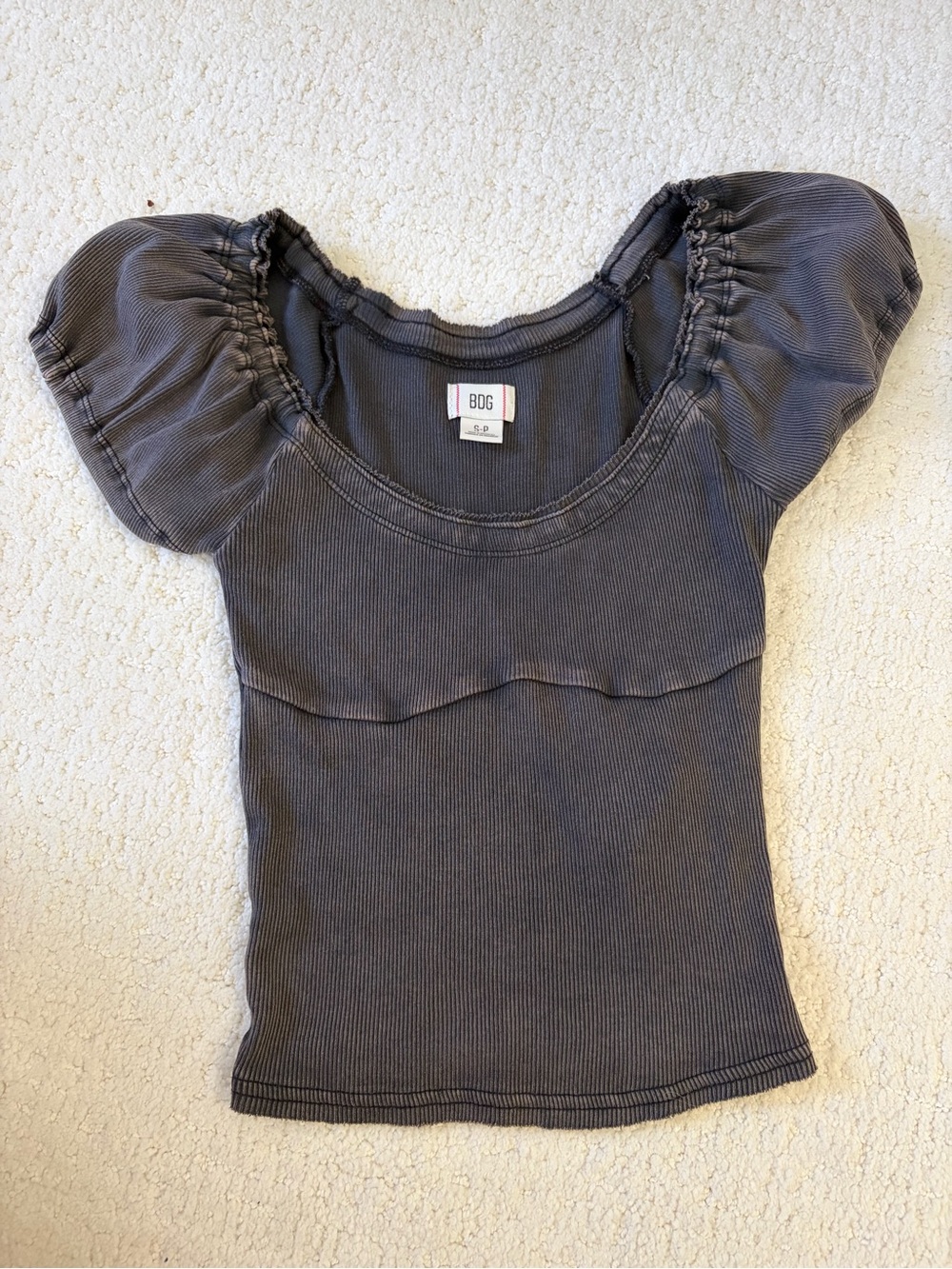 Urban Outfitters Charcoal Puff Sleeve Ribbed Scoop Top